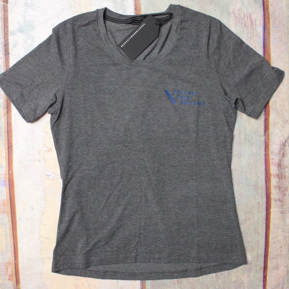 Respect Your Universe Co-ed Crew in Heather Asphalt + Blue RYU Logo  MRSP $55